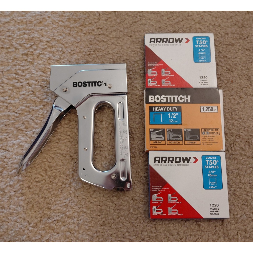 Bostitch Heavy Duty Staple Gun Chrome Manual Tacker with 3750 Arrow T50 Staples